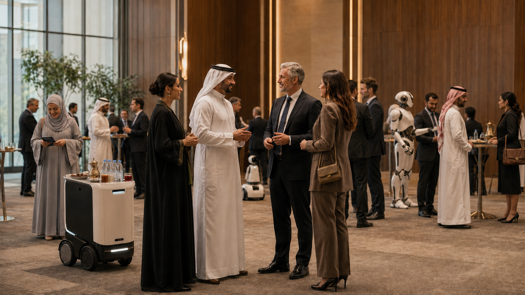 Senior leaders and professionals networking at a AI Mavericks conclave in Doha, with service robotics in the background.