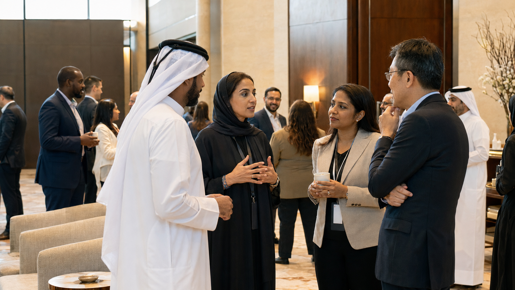 GCC executives in warm conversation at an AI Mavericks networking reception in Doha.