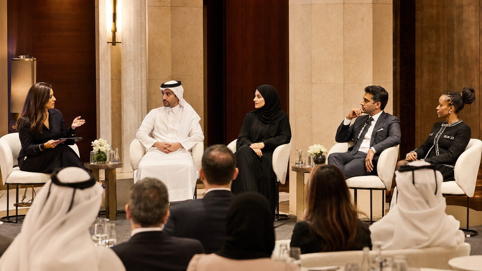 A senior GCC panel of diverse speakers in discussion in front of an engaged audience of decision-makers.