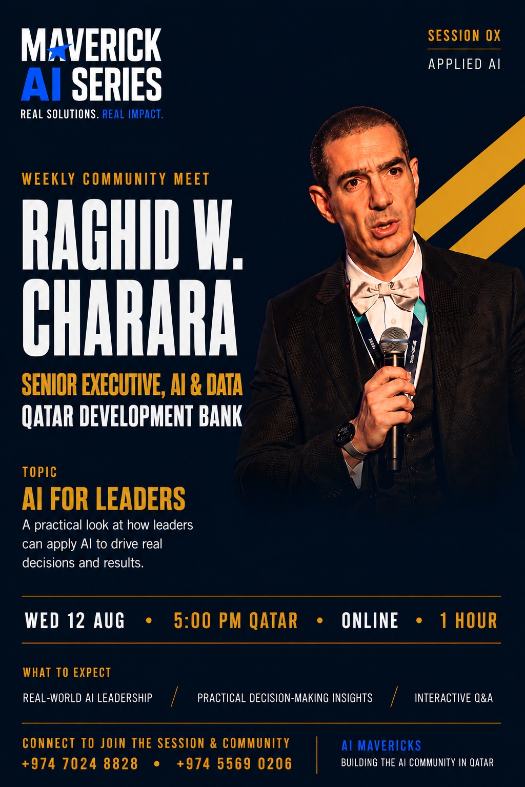 AI for Leaders session poster featuring speaker Raghid W. Charara, Senior Executive, AI & Data at Qatar Development Bank — Wednesday 12 August 2026, 5:00 PM Qatar time, online.