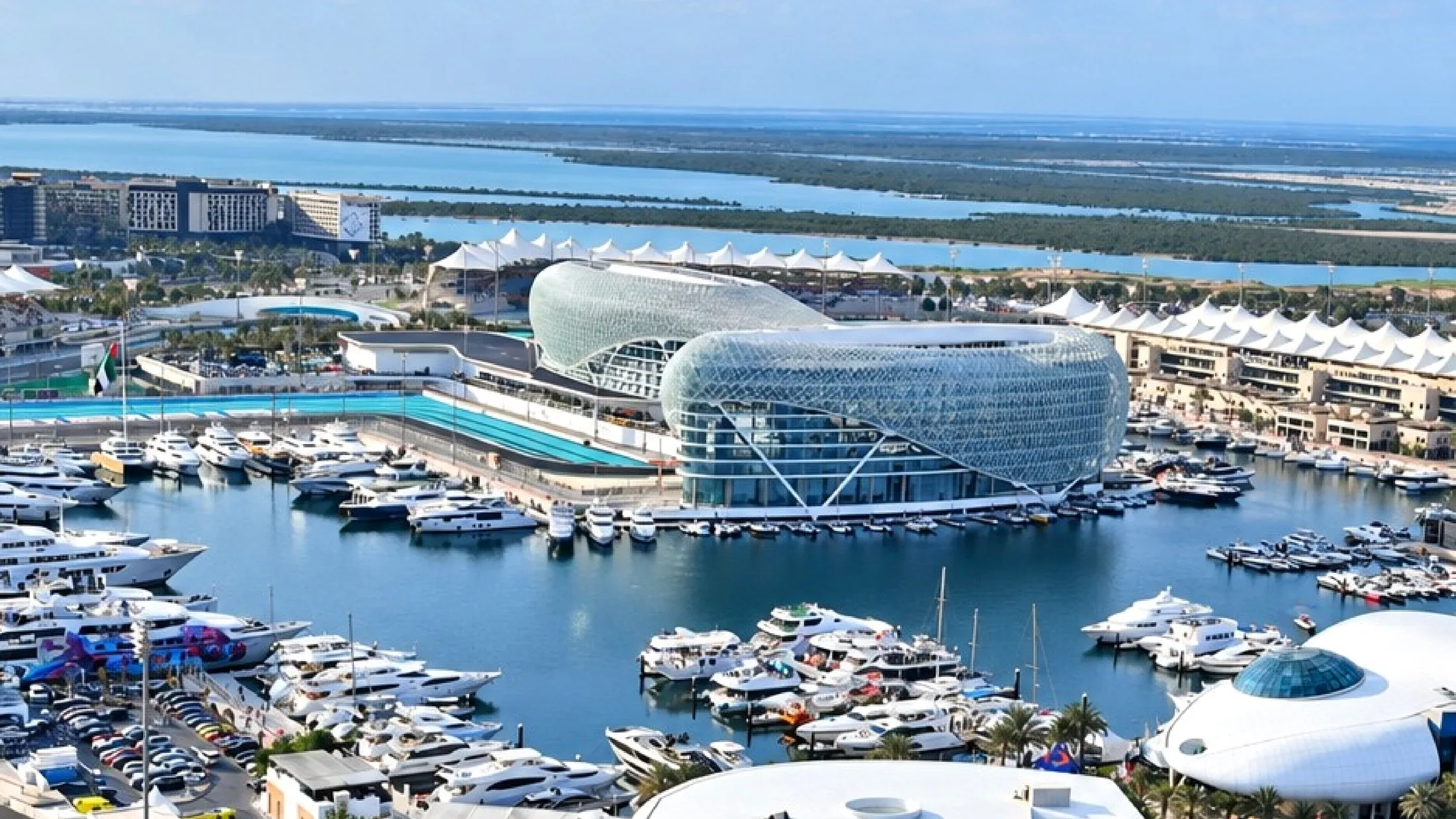 Aerial view of Yas Marina and Yas Marina Circuit in Abu Dhabi